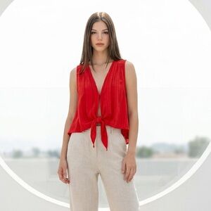 Free People Women Red Stripe Tie Front Smocked Sleeveless V-Neck Twee Blouse S